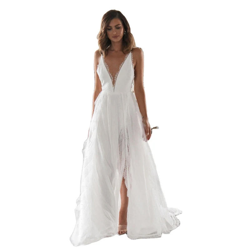

Sexy Sling Split V Neck Party Lace Dress Backless Beach Skirt Women 2021 New Summer Fashion White Europe America Feminina CX1445