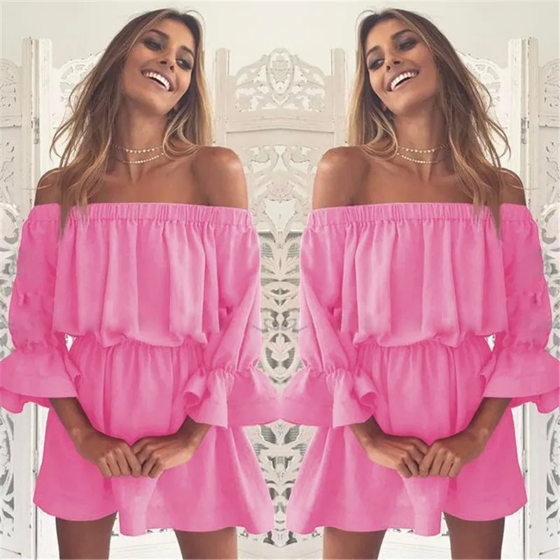 

2021 summer new style one word collar flared sleeve waist waist sexy dress