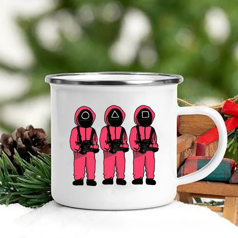 

11oz Enamel Mugs Cups of Squid Games Metal Enamel Tea Cups Travel Mugs for Outdoor Camping Fishing Hiking Fishing Picnic