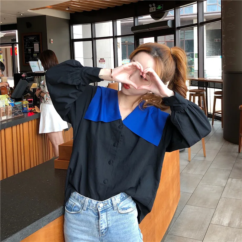 

Рубашка женская с отложным воротником, свободная в стиле пэчворк, модный брендовый Топ в стиле Харадзюку, весна-осень