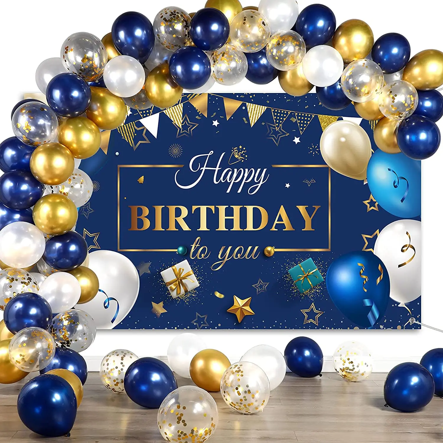 Kit de guirnalda de globos de confeti de cumplea&ntilde;os azul marino, cartel de fondo de fotograf&iacute;a de cumplea&ntilde;os dorado, decoraciones de fiesta de cumplea&ntilde;os para ni&ntilde;os y ni&ntilde;as-0