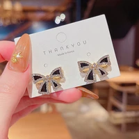 2020 trend black small bow crystal flower gold long tassel stud earrings korean temperament elegant womens earrings jewelry
