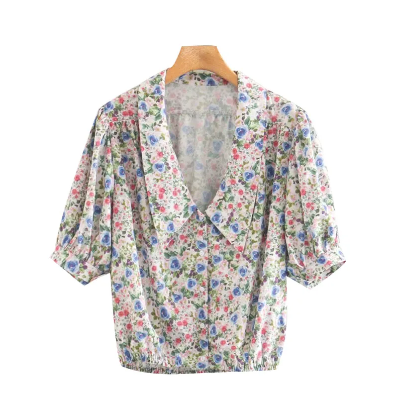 

Women 2021 Sweet Fashion Floral Print Loose Blouses Vintage V Neck Elastic Hem Button-up Female Shirts Chic Tops