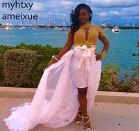 2021 south african black girls long sleeve prom dresses pink gold applique high neck wear party gowns plus size custom made