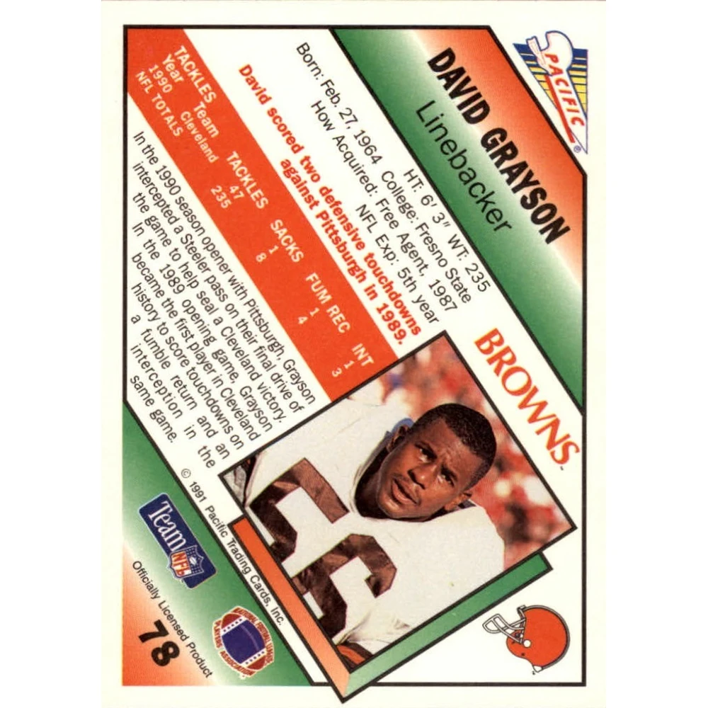 Pacific 1991 NFL PRO Коллекционная карточка американский футбол №78 David Grayson | Игрушки и