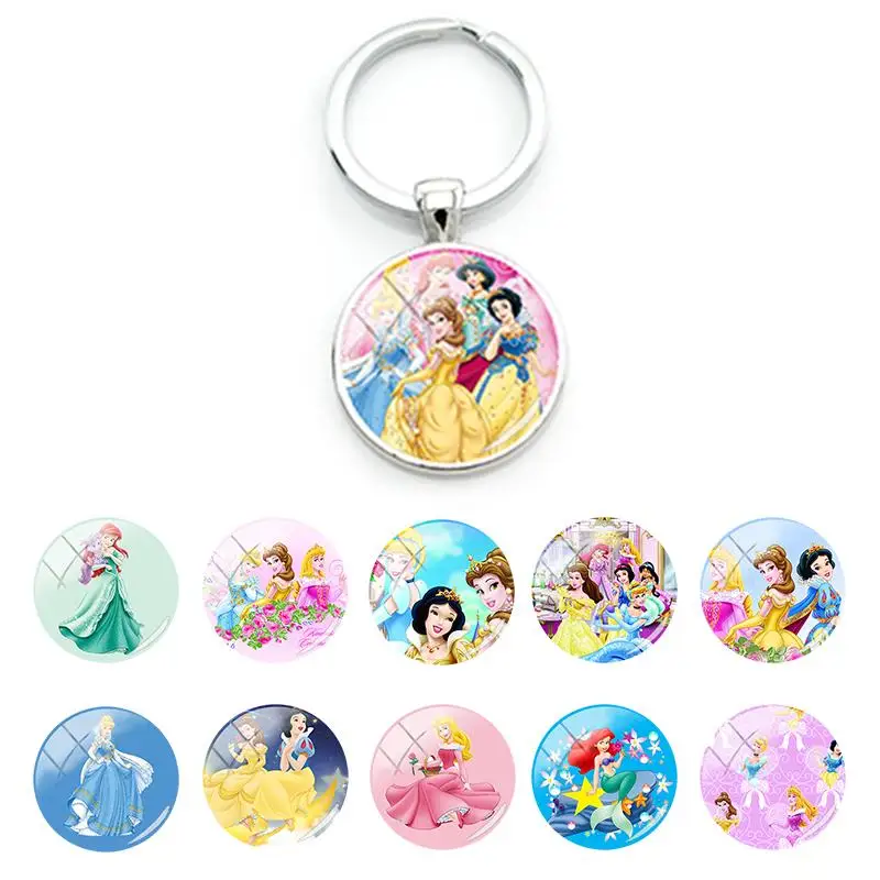 

Disney Princesses Cute Cartoon Key Chain Bag Car Rings Flat Bottom Pendant Glass Cabochon Keychains Trendy Jewelry Gifts DSY514