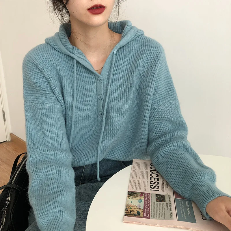 

Fashion new thick sweater ladies loose outer wear autumn and winter Korean wild knitted pure color hooded casual knitted hoodie