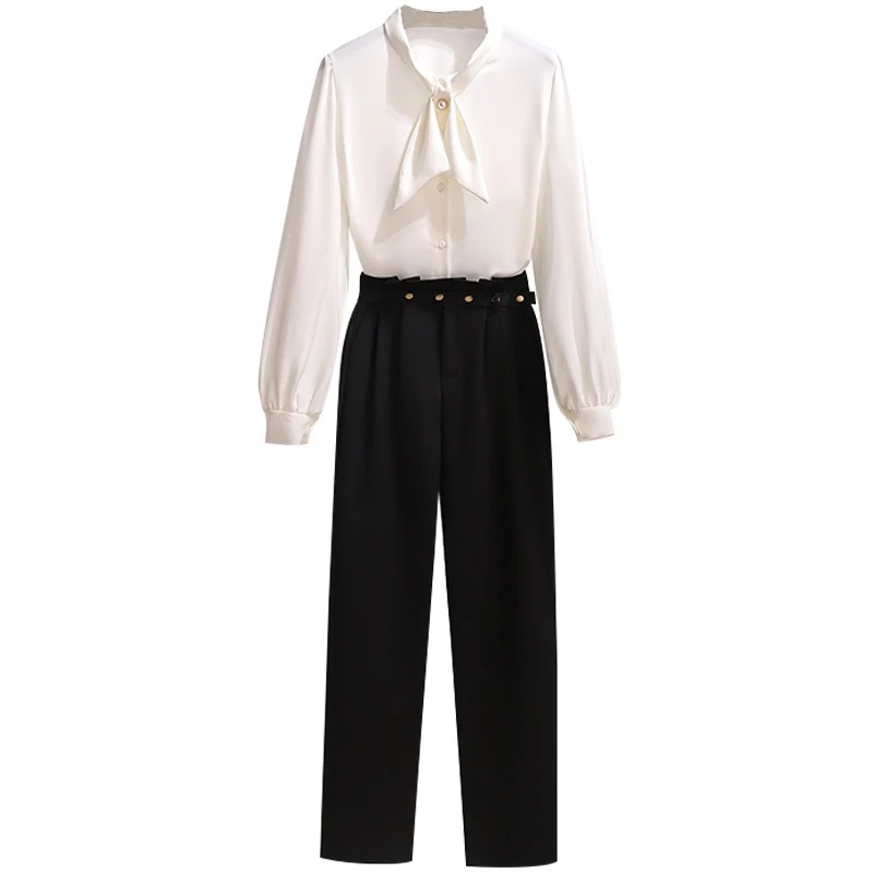 

2021 Spring Women Casual Two Piece Set Peter Pan Collar Single Breasted Tops + Pants Pockets Office Lady Set 2 Piece Set