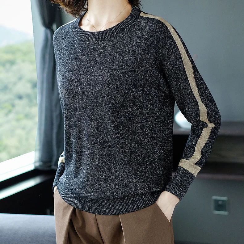 2020 new gold silk sweater women Korean spring loose bright silk knit shirt flashing silk long-sleeved top  blouse  ladies tops