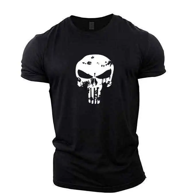 

Black White Skull Print Men's Solid Color T Shirts Tops O-Neck Fitness Slim-fit Tee Fashion Mens Clothing Short Sleeve T Shirt