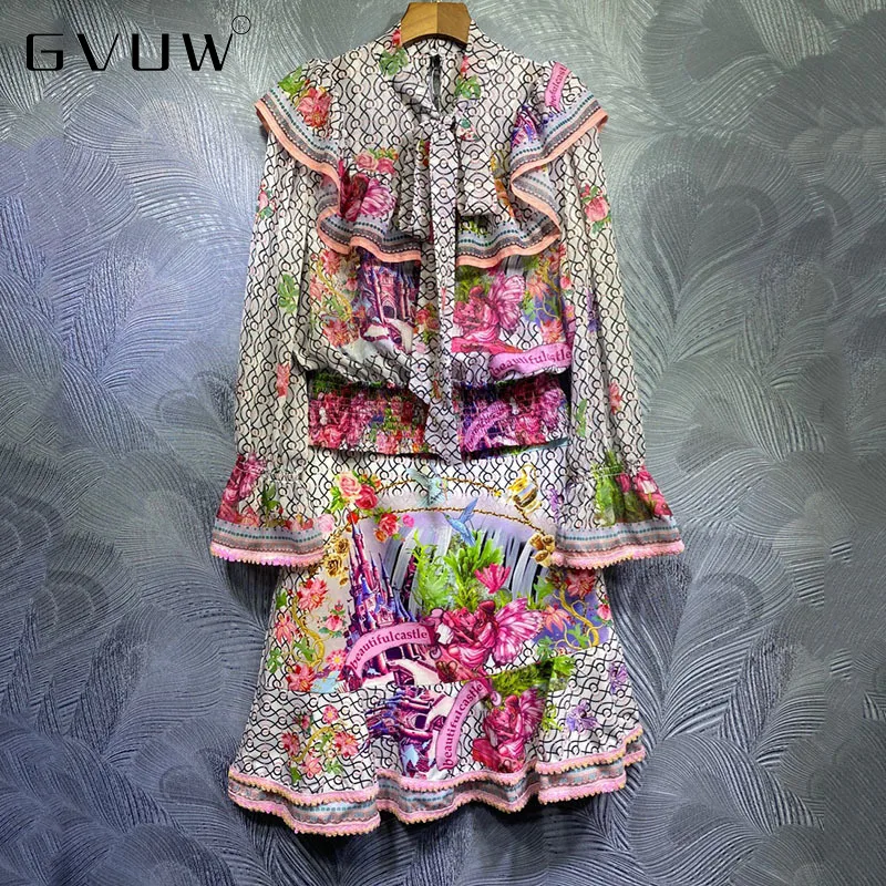

New Bow Tie Printed Top Skirt Set Wholesale, High Quality Kb61185 casual women's dresses Woman wrap skirt Casual