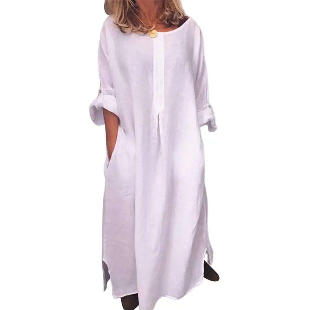 

HOT SALESNew Arrival Women Vintage Solid Color Long Sleeve O Neck Pockets Maxi Dress Tunic Kaftan