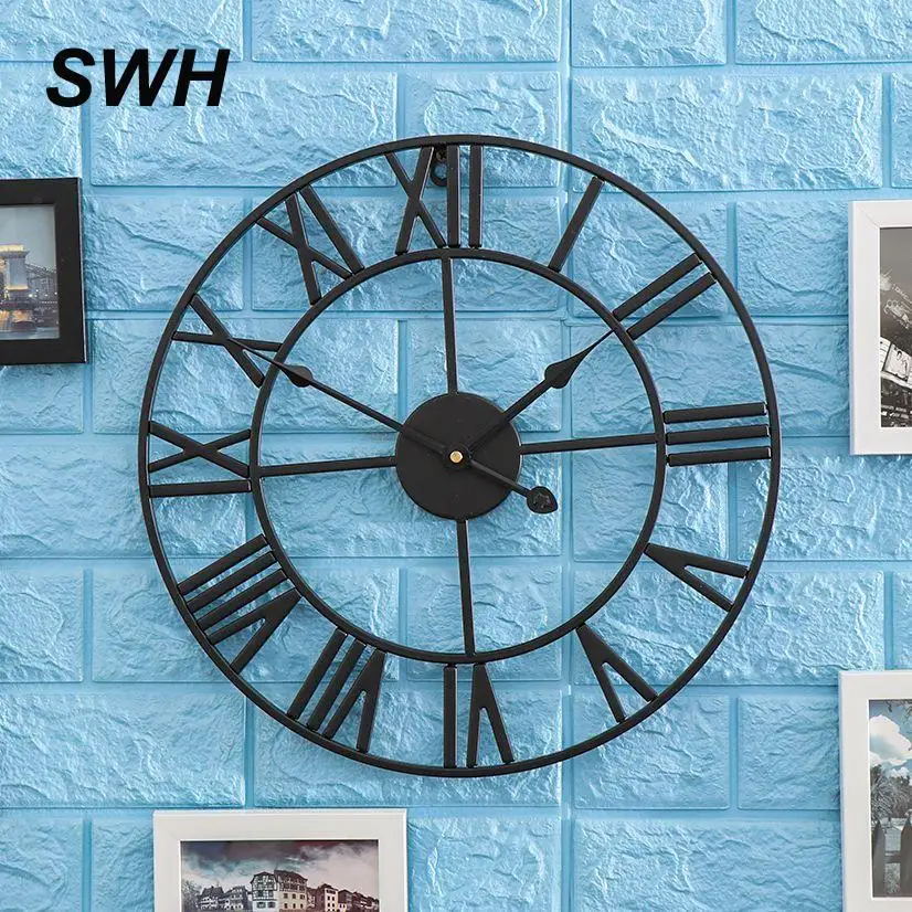 

40/50cm Vintage Large Metal Roman Numeral Mute Wall Clock Quartz Watch Wrought Hollow Iron Modern Round Home Garden Decoration