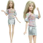 Модное блестящее платье BJDBUS для кукол, разноцветная футболка, кожаная юбка, мини-платье, Повседневная Одежда для кукол Барби, аксессуары для детских игрушек