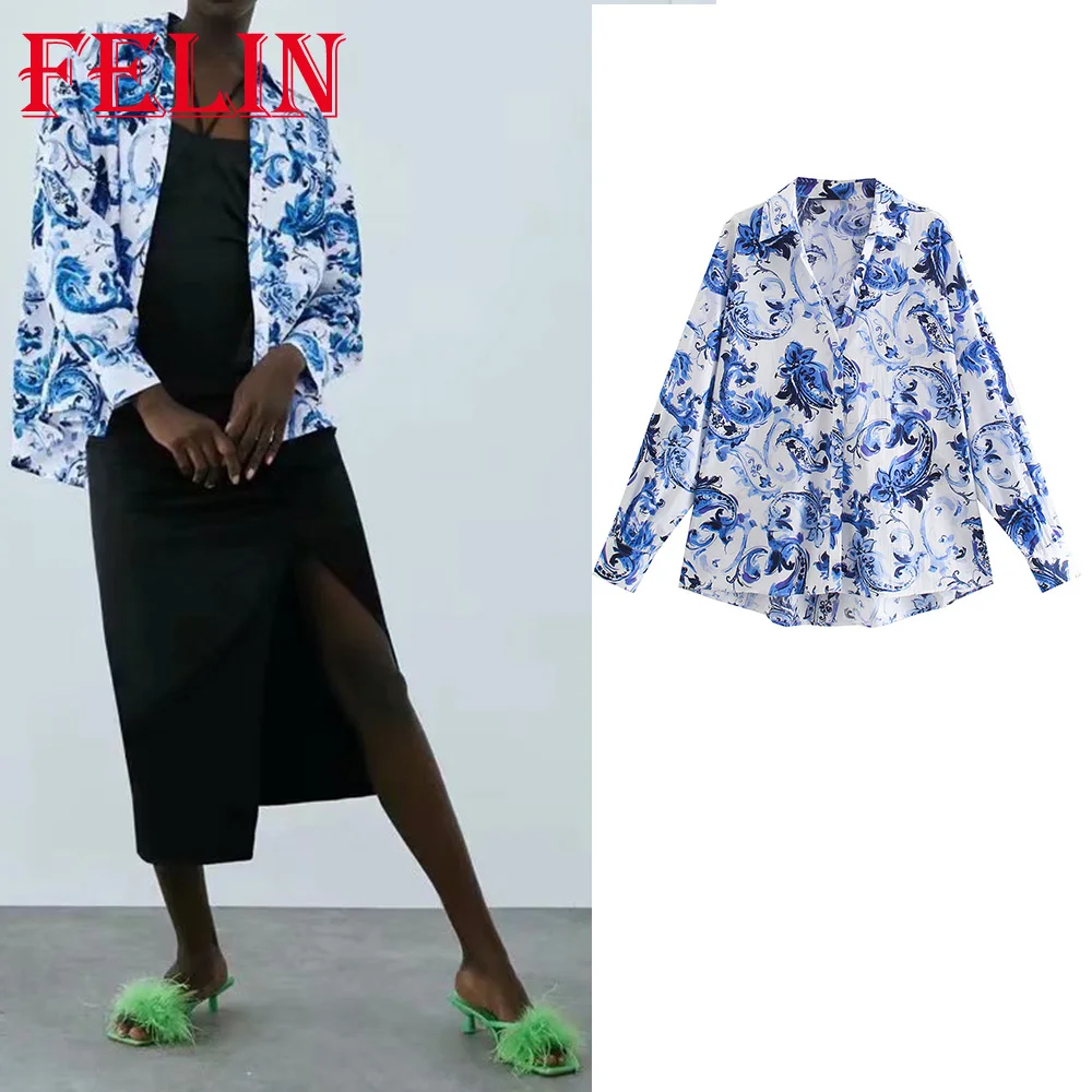 

Женская блузка с длинным рукавом Za, голубая элегантная Свободная блузка из поплина, с цветочным принтом, на пуговицах, в винтажном стиле, осе...