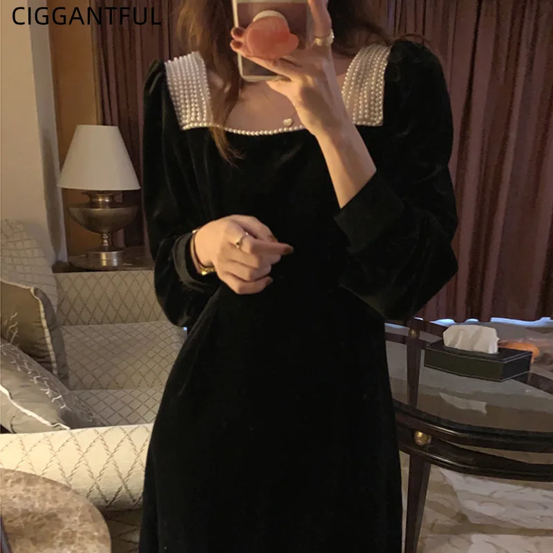 

French Square Collar Beading Design Backless High Waist Velvet Elegant Party Black Dress Fashion Vintage Korean Chic Clothing