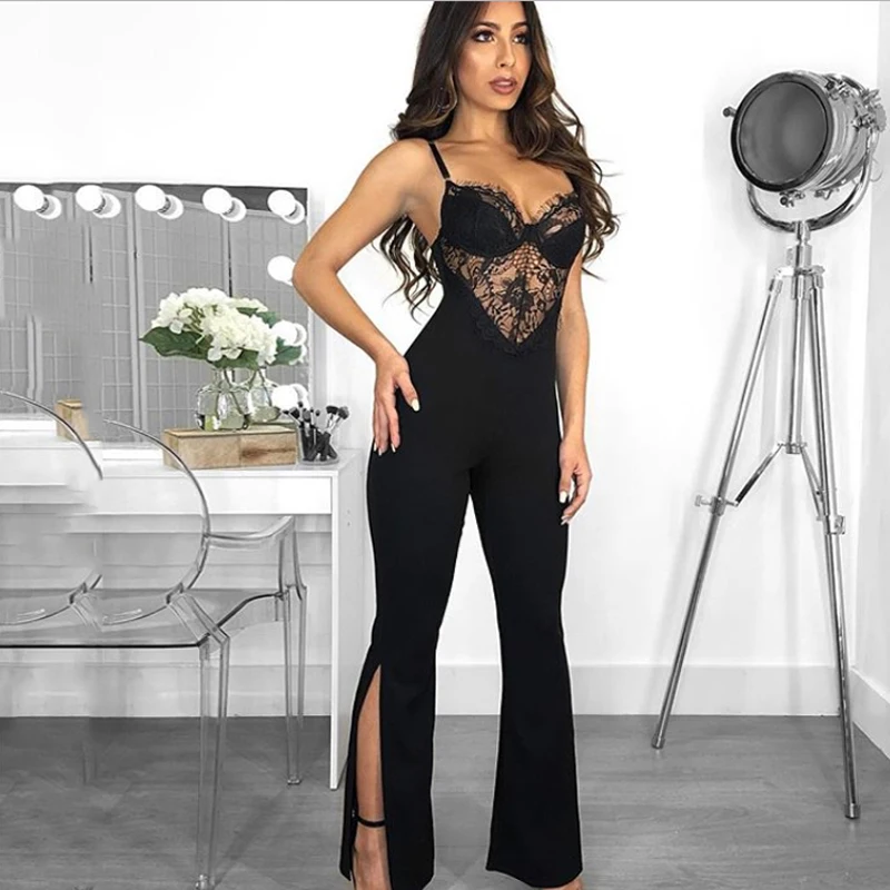 Женский кружевной комбинезон на бретелях с V-образным вырезом | Женская одежда