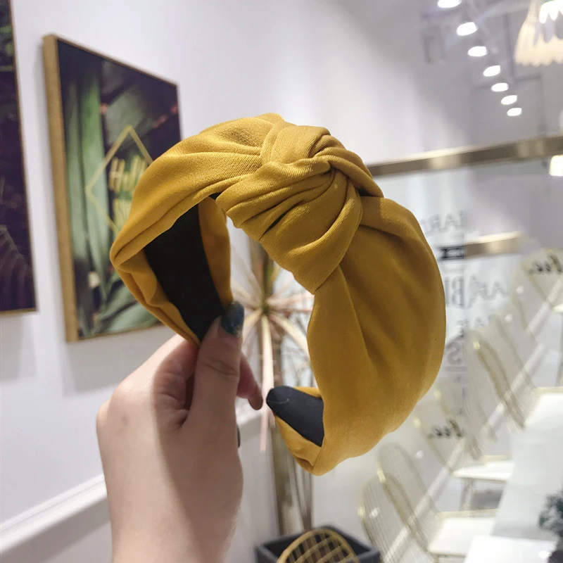 Bohemian Solid Color Hairbands Satin Top Knotted Wide Headband Women New Elegant Headwear Hair Hoop Accessories Red Pink Yellow