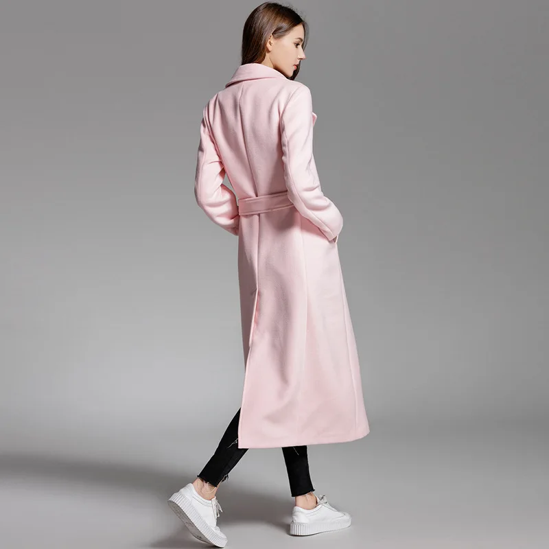 

Runway Pink Double-face Cashmere Coat Women Winter Turn Down Collar Slim Belt Long Woolen Warm Overcoat Casaco Feminino