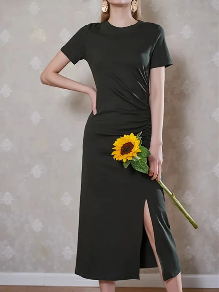 Женское платье миди с Боковым Разрезом и круглым вырезом новинка 2020 черное