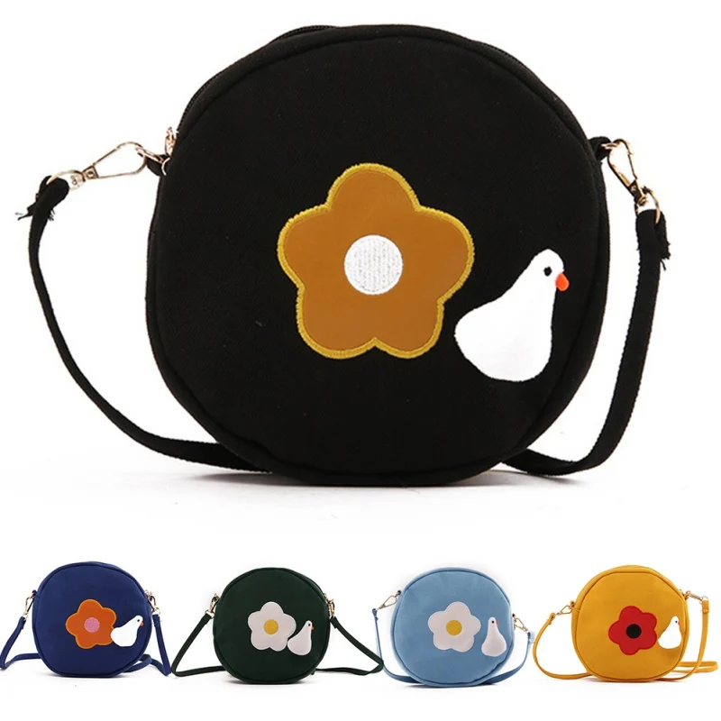 Japanese Cute Plush Duck Flower Canvas Small Round Bag Art Student Shoulder Messenger | Багаж и сумки