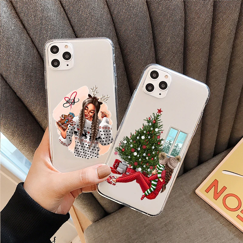 

New year Merry christmas girl Phone Cover For iPhone 11 12 13 Pro Max X XR XSMax 6S 7 8 Plus 13Mini Soft Clear Silicone TPU Case