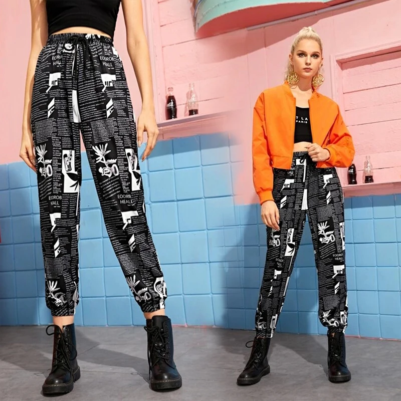 

New fashion women's newspaper printing lace-up closed overalls casual pants Gothic style street trousers women