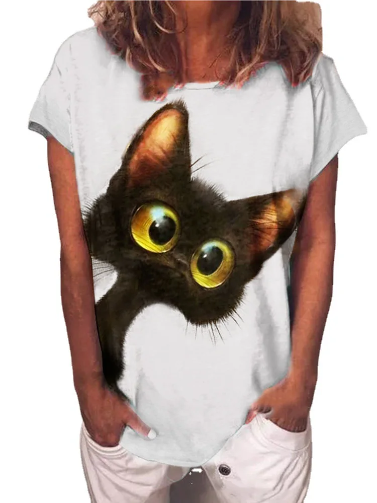 

Women's Clothing Summer Cat Print 2021 T-shirt Tops Casual Loose Short Sleeve Tees Cotton Clothes Female Tee Women White Grey