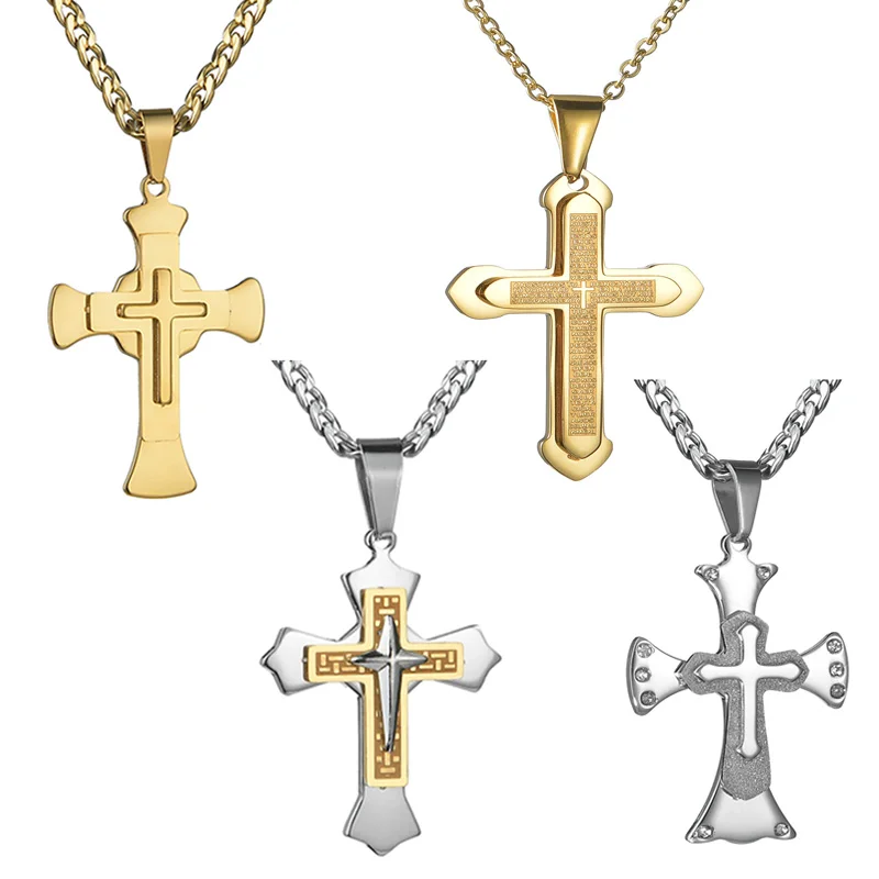 

Unisex Hip Hop Rock Stainless Steel Multi-Layer Gold Jesus Cross Necklace Pendant Punk Gothic jewlery 4 Styles Dropshipping