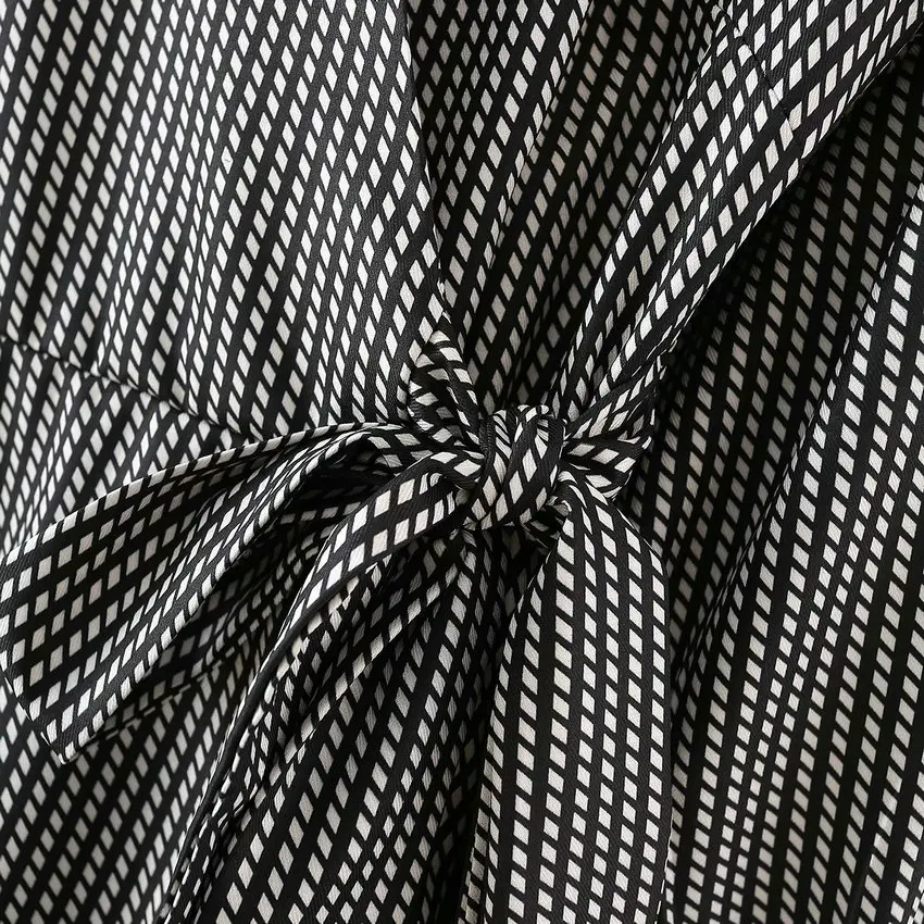 

Spring Women Elegant Black White Plaid Wrap Dresses Lacing Up Waist Knot Design Long Sleeve Knee Length One Piece Office Ladies
