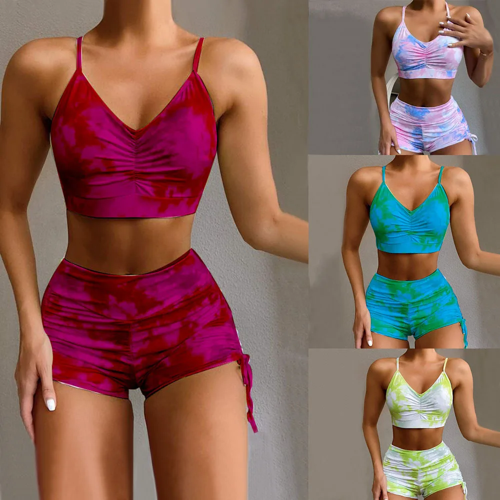 

Sexy Bikini Set Tie Dye High Waist Swimsuits Push Up Swimwear Women 2021 Ruched Drawstring Bathing Suits Boyleg Biquini