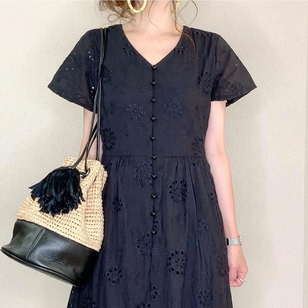 

Long Dresses 2021 Summer Casual Women Pullover Button Hollow Small Flower Lotus Leaf Hem Ruffle Maxi Dress Female Young Simple