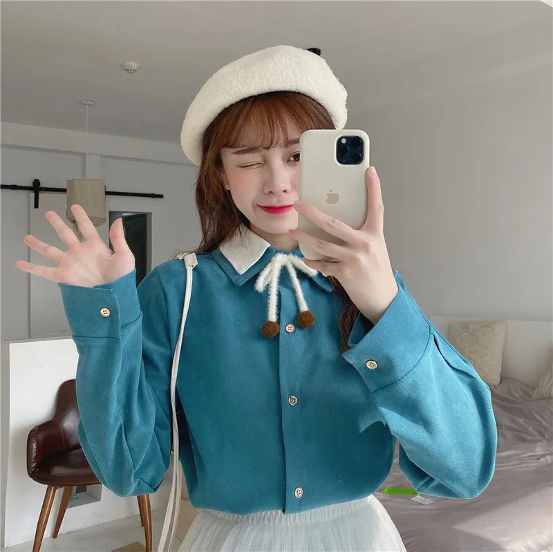 

French Sweet Velvet Padded Shirt Women's Spring and Autumn 2021 New Corduroy Shirt Design Sense Niche Long-Sleeved Top