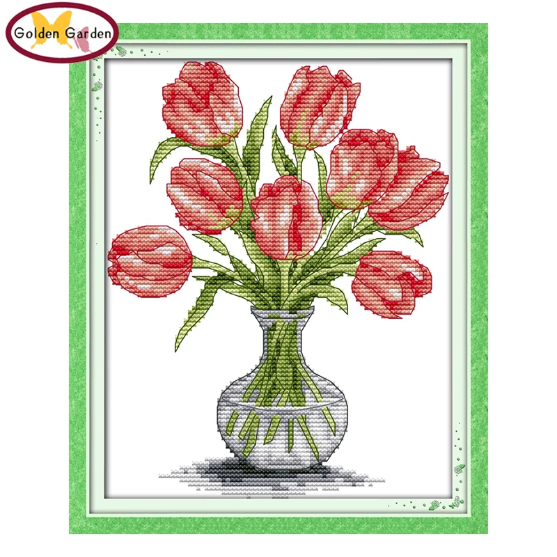 

GG Tulip Vase Flower Style Joy Sunday Cross Stitch Needlework Embroidery Set Handcraft Cross Stitch Patterns for Home Decoration
