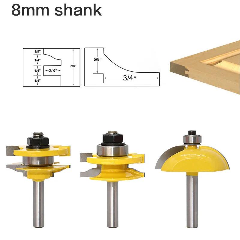 

3PC/Set 8MM Shank Milling Cutter Wood Carving Raised Panel Cabinet Door Router Bit Set Woodworking Cutter Carbide Bit Door Knife