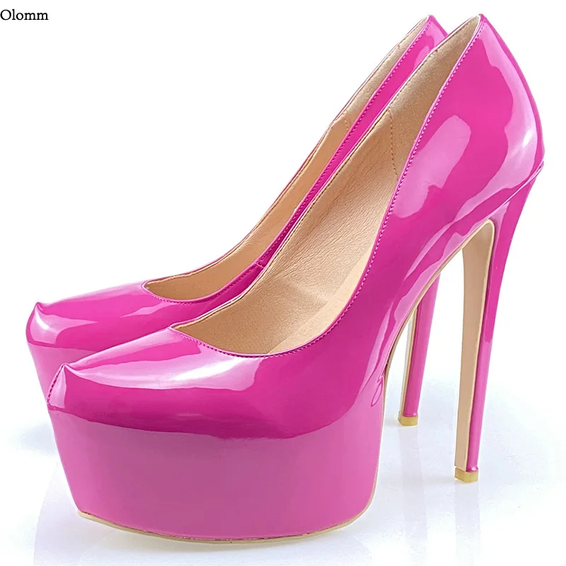 

Olomm Hot Women Spring Pumps Patent Sexy Stiletto High Heels Round Toe Gorgeous Fuchsia Party Shoes Women US Plus Size 5-20