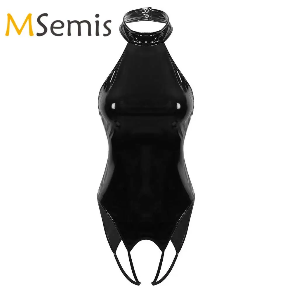 Женское нижнее белье боди с открытой промежностью мокрым эффектом Лакированная