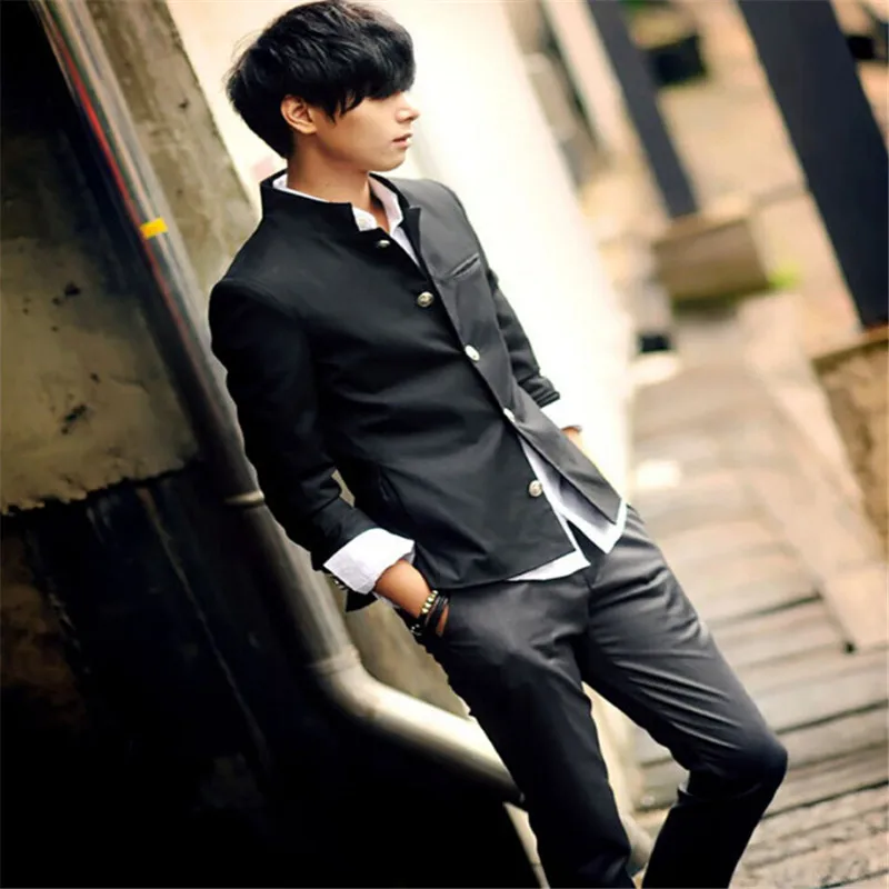 

2021 New Men Black Slim Tunic Jacket Single Breasted Blazer Japanese School Uniform College Coat