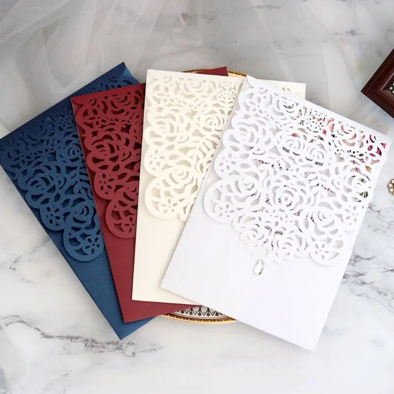 

20pcs/set Laser Cut Rose Invitations Card with Rhinestone Kits Wedding Party