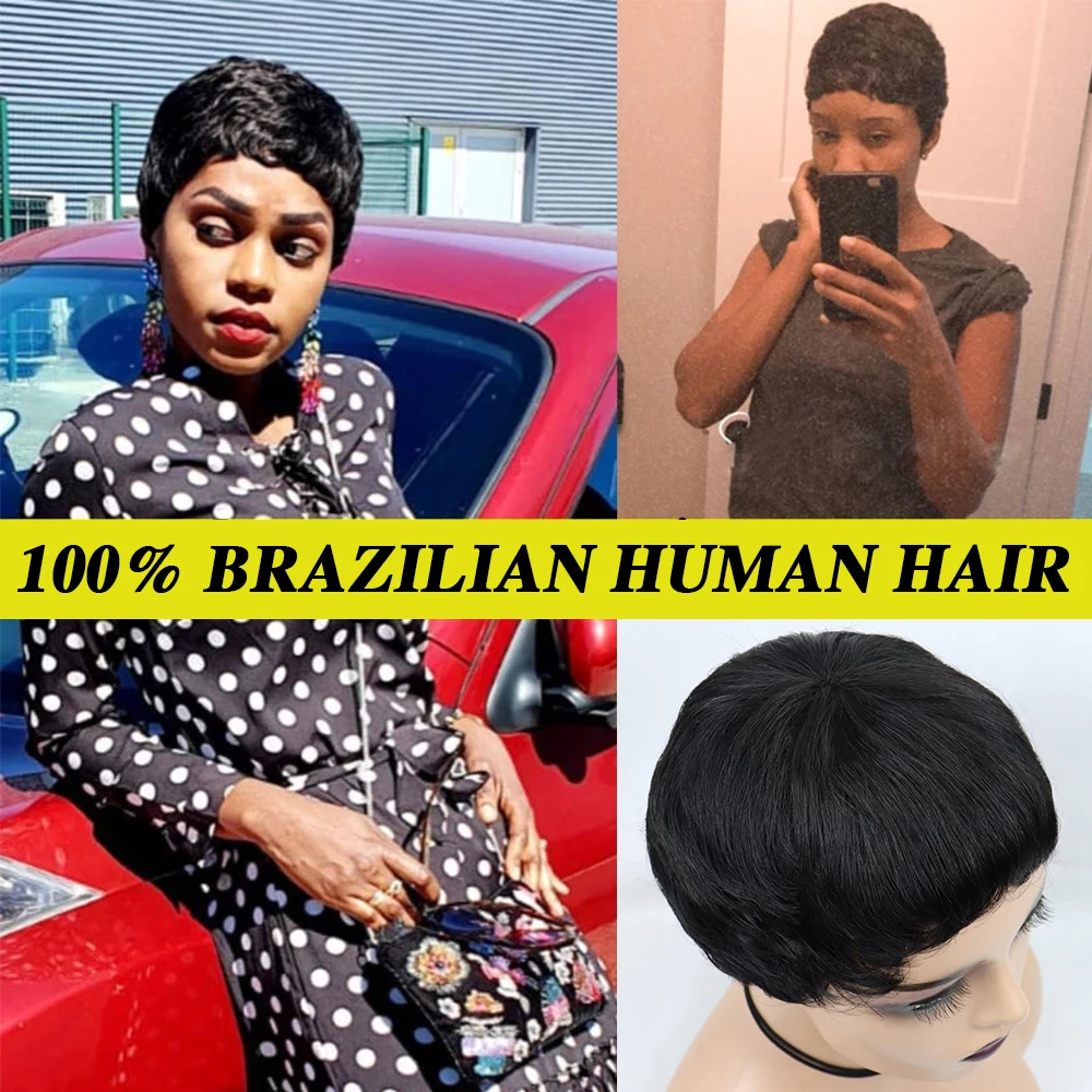 

Pixie Cut Wig Full Machine Made Wig with Bangs Glueless Short Bob Wigs for Black Women 150% Density Remy Brazilian Hair