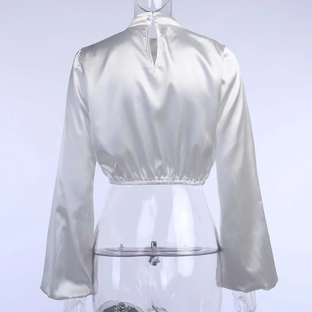 

Woman Spring Lantern Long Sleeve Blouse Autumn Turtleneck Satin Silk Women Shirt Boho Hollow Out Womens Tops Blouses Hot