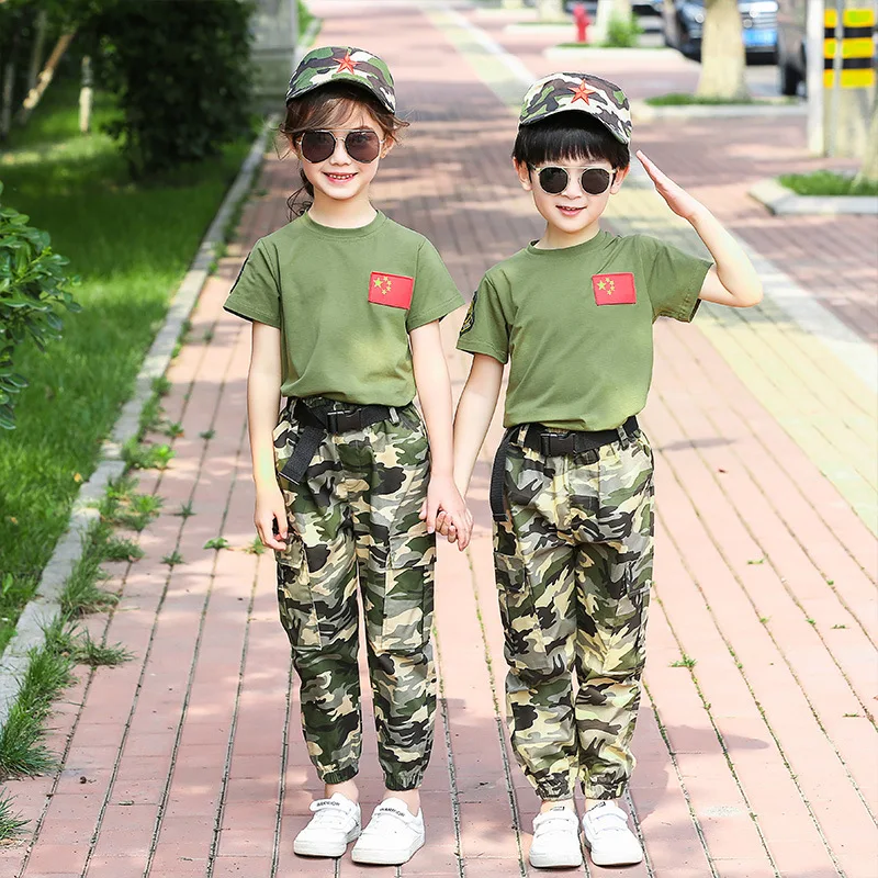 

2021 Training Military Uniforms Kids Outdoor Tactical Camouflage Army Suit Short Sleeve+short Pant+hat+belt Children Casual Wear