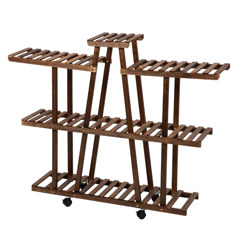 

3 Floors 9 Grids Flower Shelves Plant Pot Stand Decoration for Indoor Outdoor Garden Pine Wood with Wheels 95 x25cm