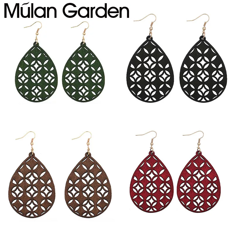 

M&G New Boho Wooden Earrings for Women Hollow Teardrop Wood Pendant Lightweight Drop Earring Fashion Jewelry Accessories 2020