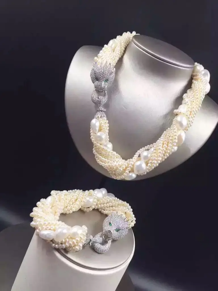 

HOT SELL 10ROW WOMEN'S LEOPARD HEAD CLASP ACCESSORY WHITE FRESHWATER PEARL NECKLACE BRACELET SET FASHION JEWELRY