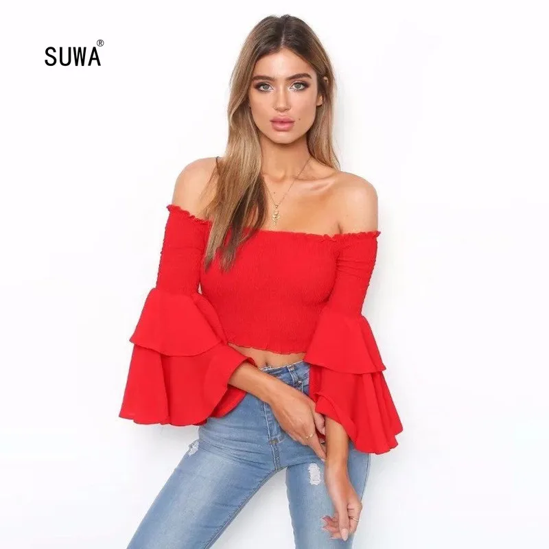 

Hot Recommend Style Europeans Stretchy Elastic Hem Long Flare Sleeve Ruffles Crop Top Sweet Lady Slash Neck Top Streetwear
