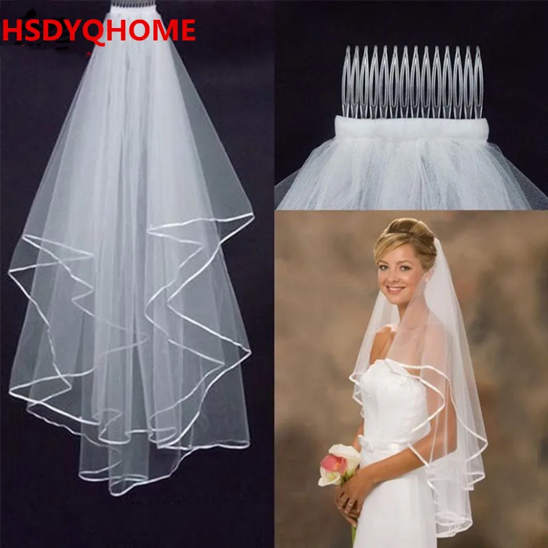 White Two Layers Tulle Short Wedding Veil Ribbon Edge Bridal Veil Wedding Accessories