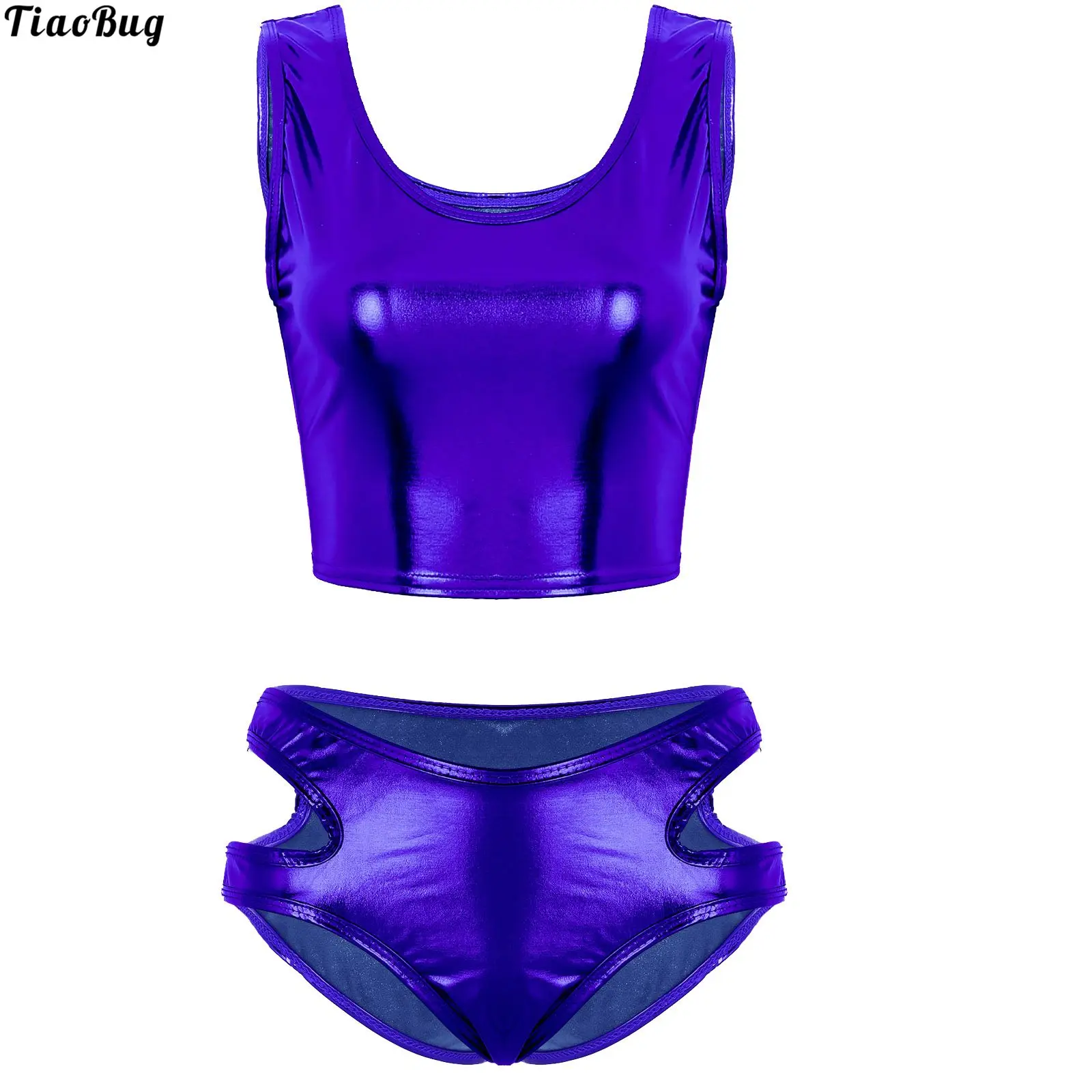

TiaoBug Summer Women 2Pcs Swimwear Dancewear Shiny Metallic Scoop Neck Tank Crop Top With Hollow Out Low Rise Mini Briefs Sets