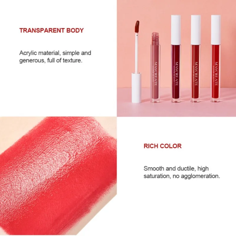 4 pcs/set Matte Velvet Lip Glaze Mist Smooth Long-Lasting Moisturizing Pipe Set Gloss for Women Y1 |