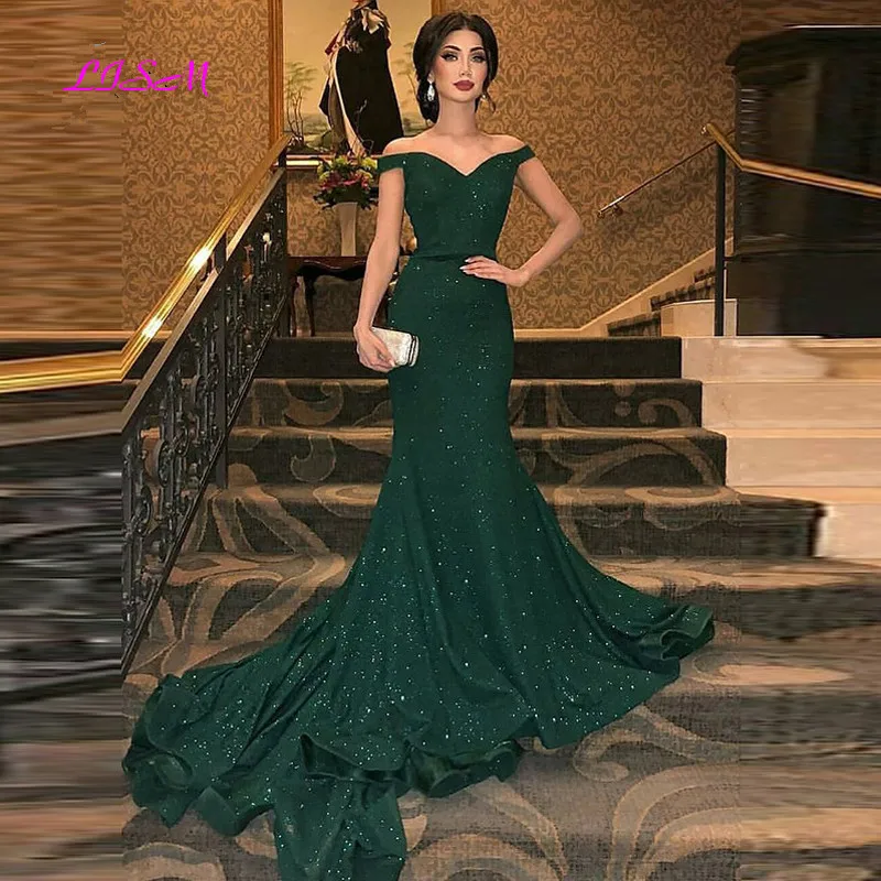 

Elegant Emerald Green Mermaid Evening Dresses Sparkle Sequined Ruffles Off the Shoulder Long Prom Gowns Abiye Robe De Soiree